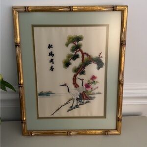 Framed Asian Art with Cranes and Tree